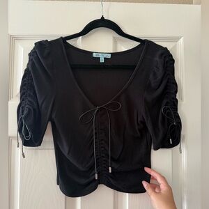 Mint Vanilla Black Bow Ruched Sleeve Top